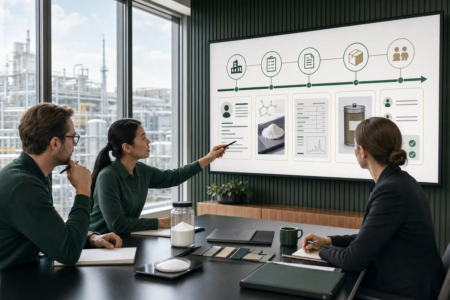 Cross-functional procurement and quality meeting reviewing a new phosphatidylserine supplier onboarding file
