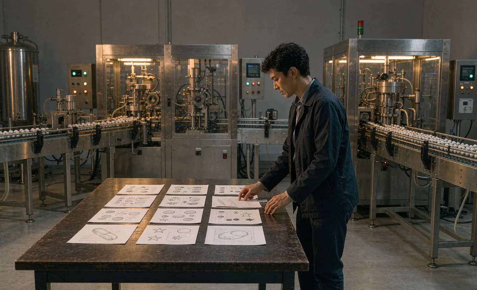 Production planner reviewing a bridging batch schedule at a supplement manufacturing line