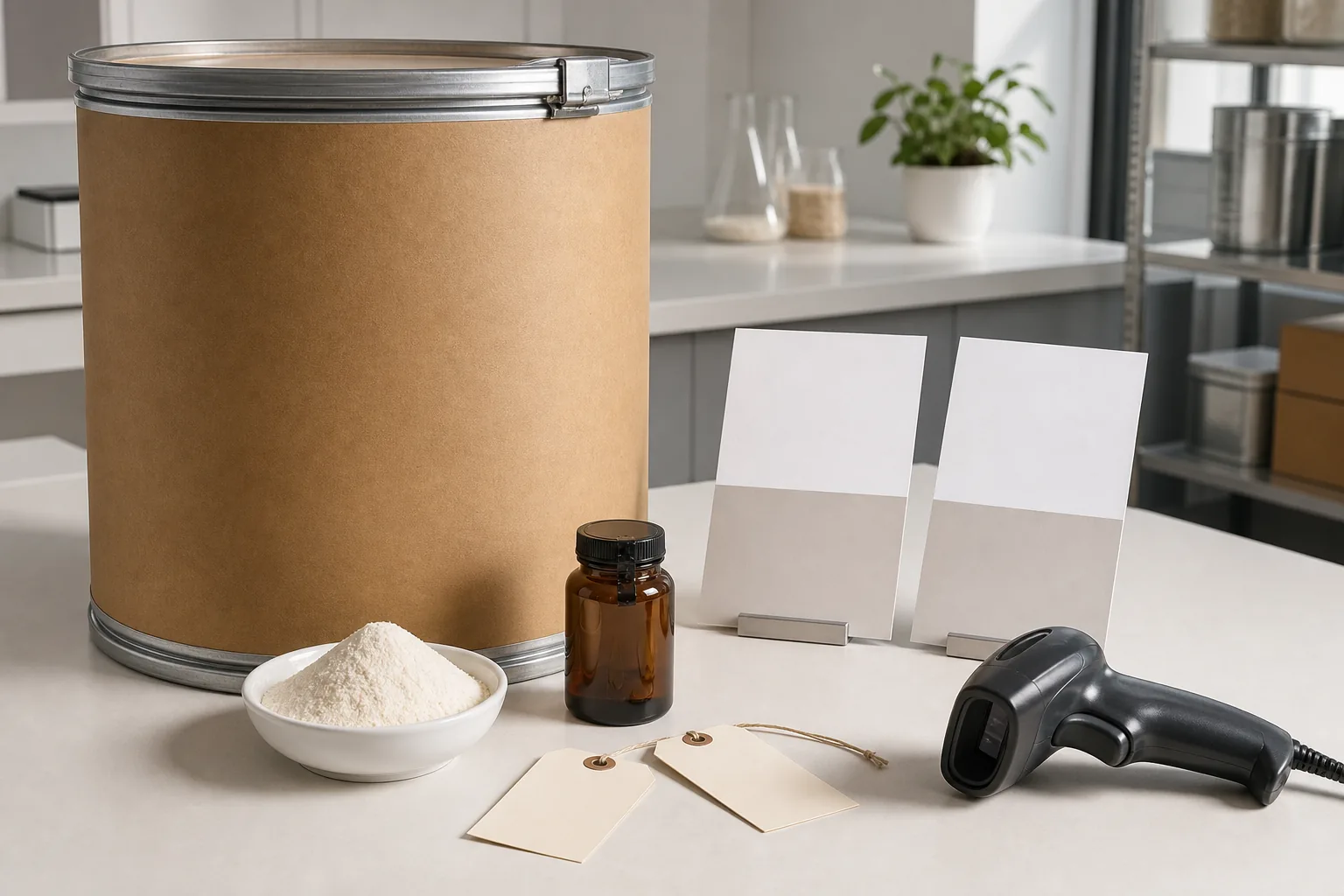 Cross-border phosphatidylserine independent-lab verification with a sealed 25 kilogram drum, powder dish, tamper-evident sample jar, chain-of-custody tags, and blank supplier-COA-versus-lab-report comparison cards on a daylight technical bench