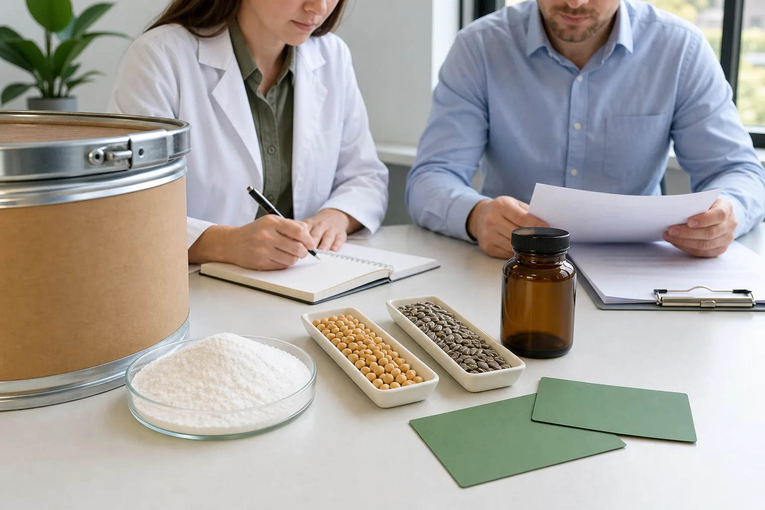 North American phosphatidylserine vegan-statement review desk with a sealed 25 kilogram drum edge, white PS powder dish, soy and sunflower source trays, blank green claim cards, and a clean amber bottle mockup in daylight
