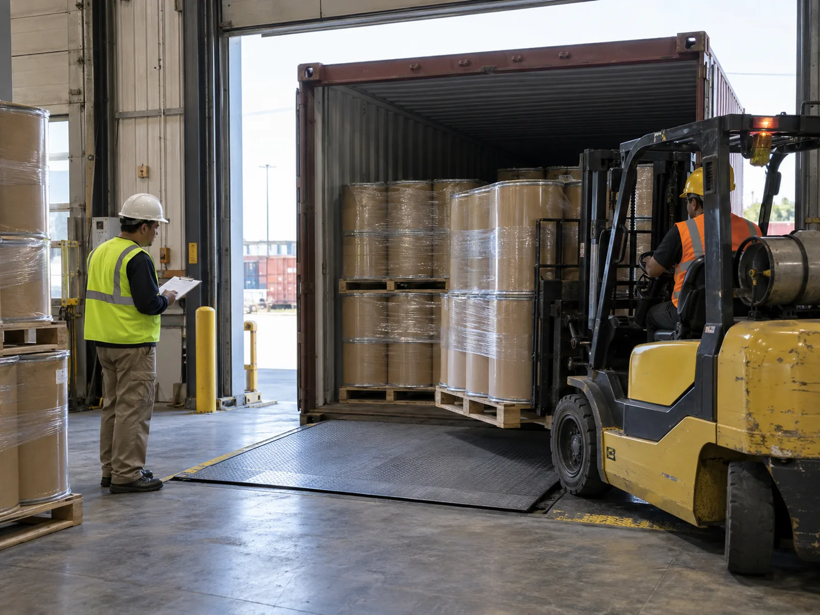 Worker checking fiber drums loaded into an ocean container