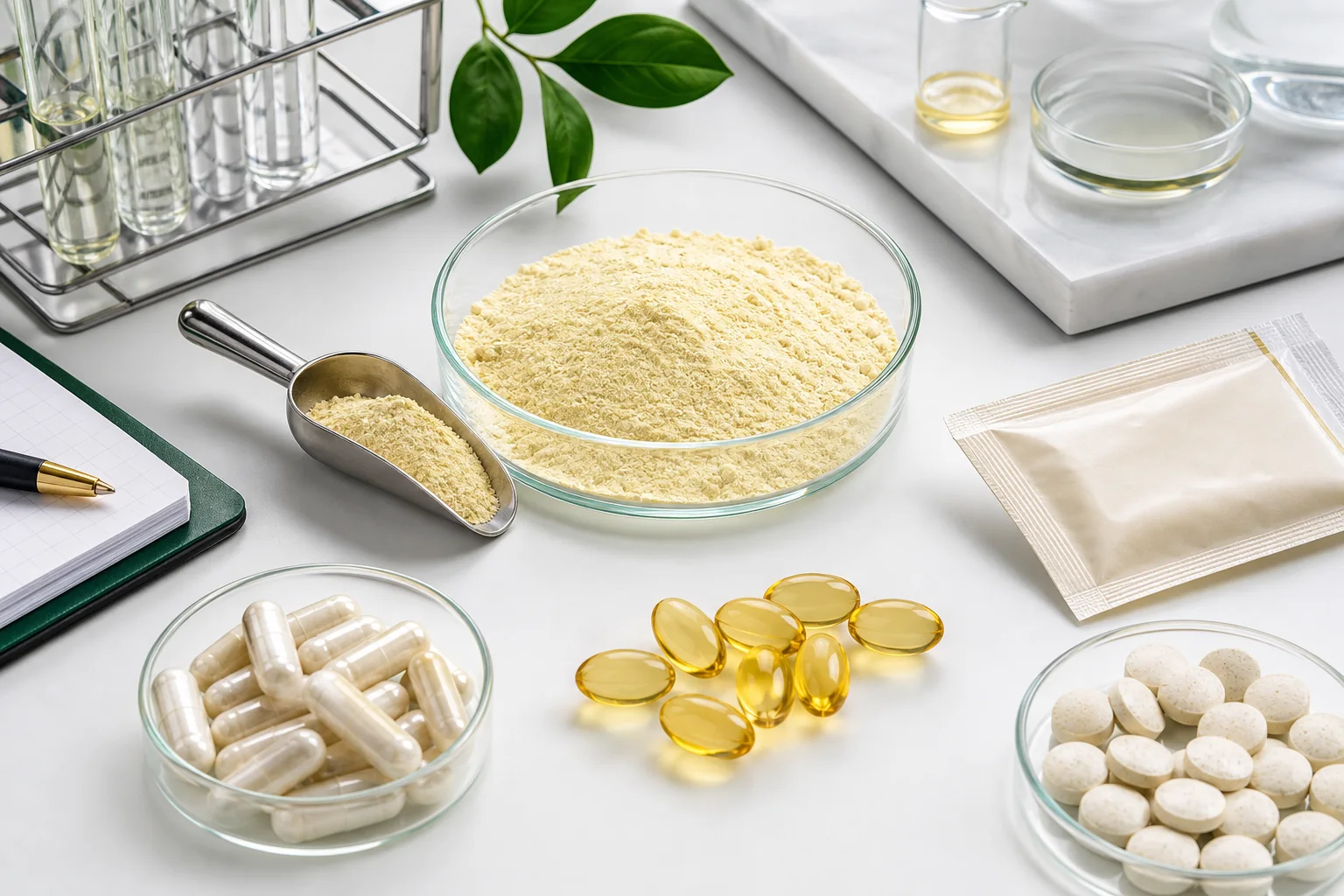 Phosphatidylserine powder arranged with capsule softgel tablet and powder supplement formats