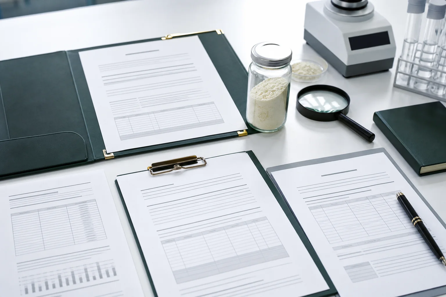 Technical document review desk with a phosphatidylserine sample and quality records