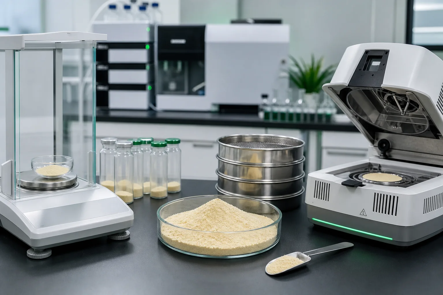 Phosphatidylserine powder undergoing laboratory balance moisture and particle size checks