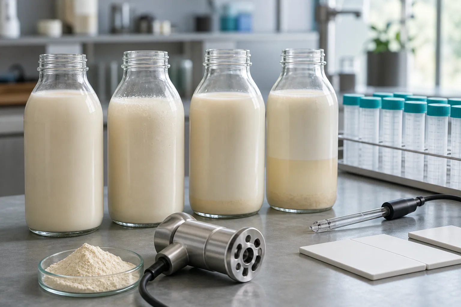 Acidified protein beverage pilot with four stability samples, soluble soybean polysaccharide powder, a homogenizer, pH probe, and centrifuge tubes