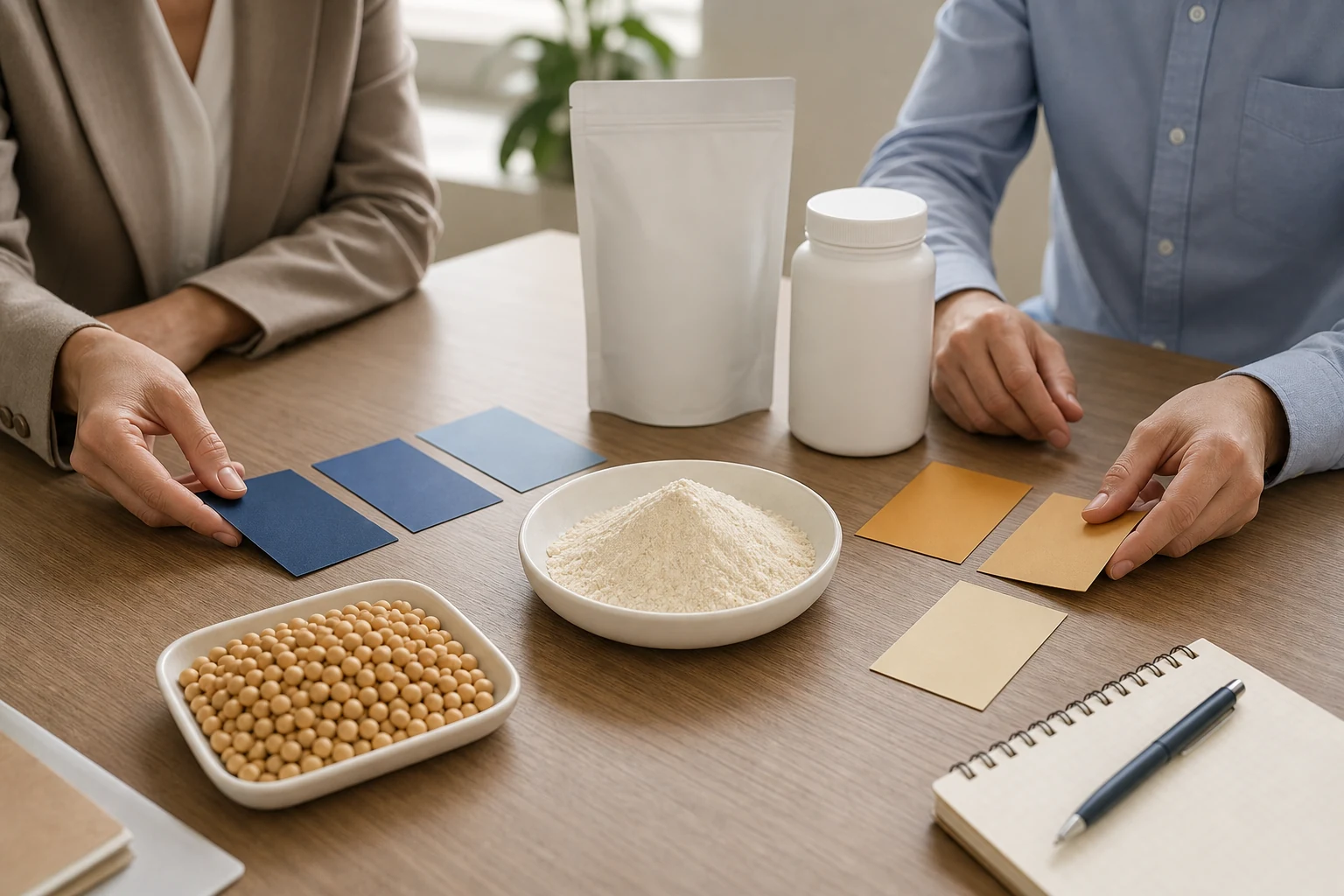 Cross-border soluble soybean polysaccharide allergen-statement review with a powder dish, soybeans in a separate source tray, blank U.S. and EU label cards, and QA-regulatory reviewers aligning a dual-market decision board in daylight