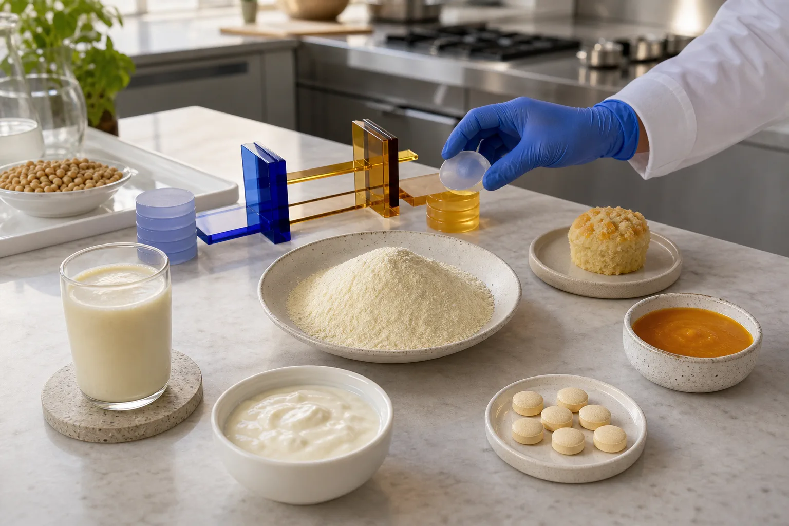 European food-application review in a bright pilot kitchen with a central soluble soybean polysaccharide sample, separate beverage, cultured dairy, sauce, bakery, and tablet prototypes, and a gloved specialist moving a blank decision puck through a blue-and-amber physical gate