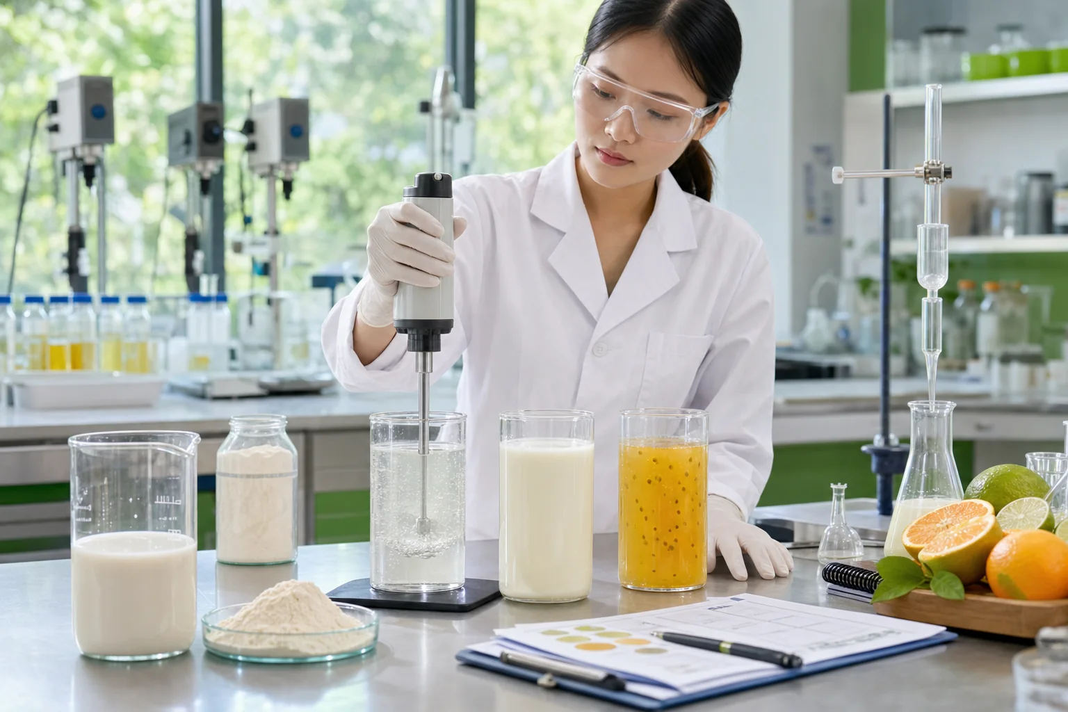 Soluble soybean polysaccharide application trial with beverage samples, powder dispersion, specification, and supplier review notes