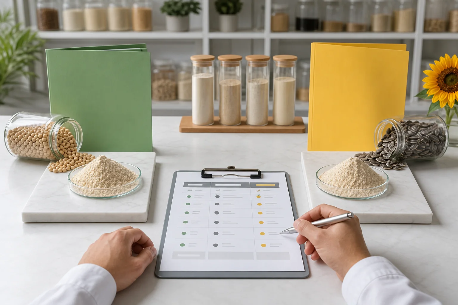 Buyer comparison workspace showing separate soy and sunflower phosphatidylserine samples with supplier evaluation records