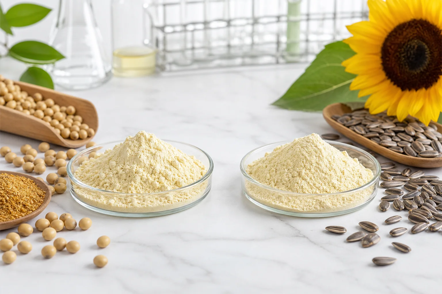Soy and sunflower phosphatidylserine powder samples shown with their separate source materials