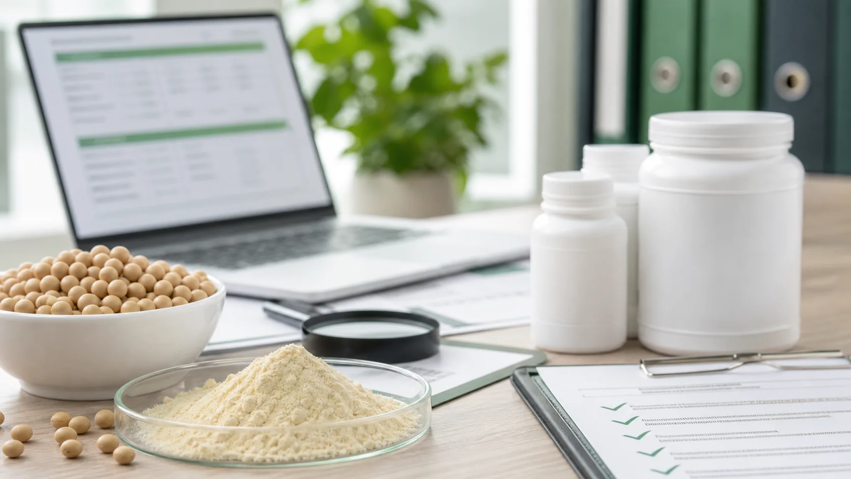 European supplement labeling review with soy phosphatidylserine sample, soybeans, blank package mockups, and compliance tools