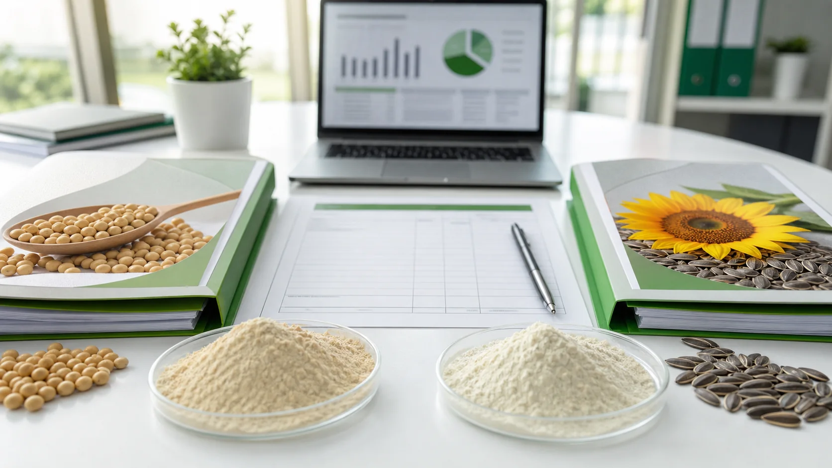 Top-down Europe-focused procurement review comparing soya and sunflower phosphatidylserine source folders, blank change-control notes, soybeans, and sunflower seeds