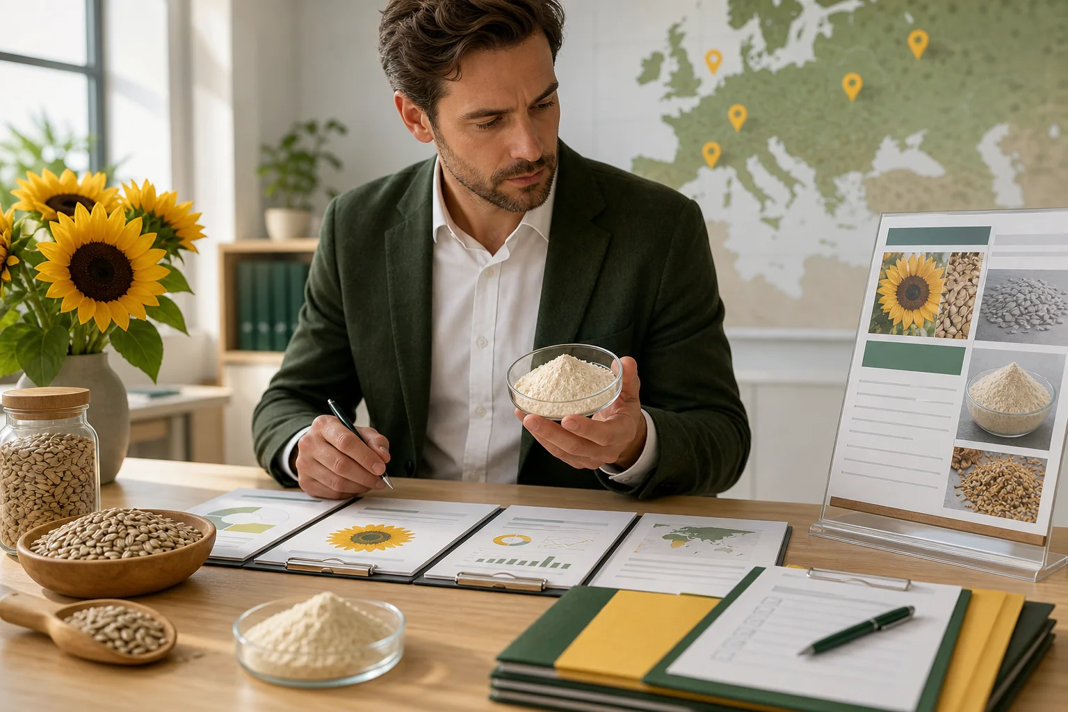 European supplement buyer reviewing sunflower phosphatidylserine source documents beside a powder sample and sunflower seeds