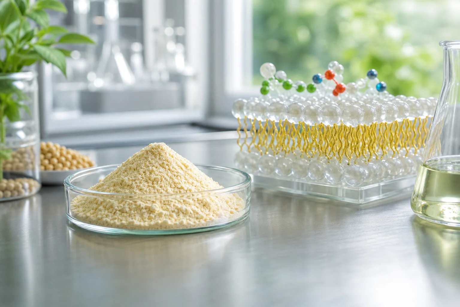 Phosphatidylserine powder beside a phospholipid bilayer model in a food science laboratory