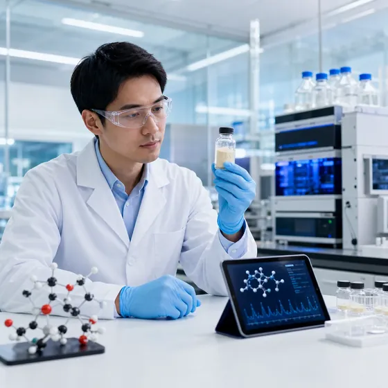 Laboratory analyst reviewing a phosphatidylserine powder sample beside analytical equipment